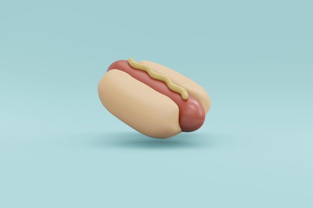 Hot-dog de rendu 3d sur fond bleu concept de nourriture, collation. Rendu 3D. Illustration 3D. Modèle de conception minimal.