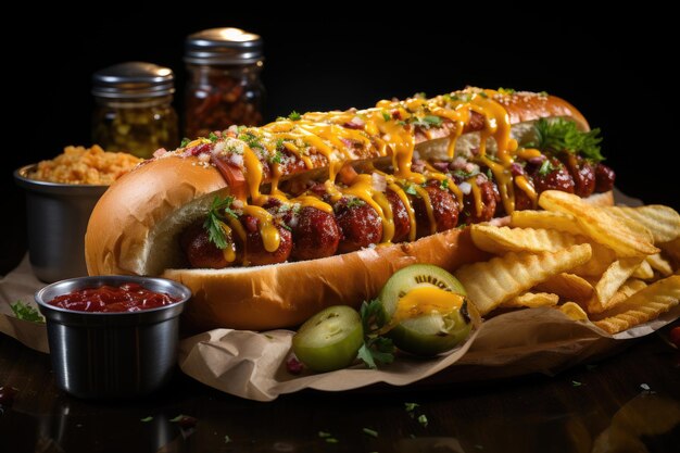 Hot dog réussi avec sauce pommes de terre croustillantes générative IA