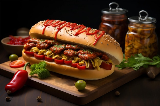 hot dog avec salade de saucisses tomates et olives délicieux fraîchement cuit
