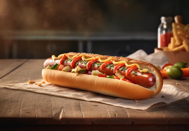 Hot-dog avec sauce aux oignons frits cornichons et gros plan de moutarde sur fond rustique