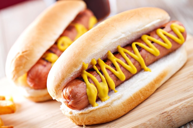 Hot-dog avec sauce frites et frites Photo de haute qualité