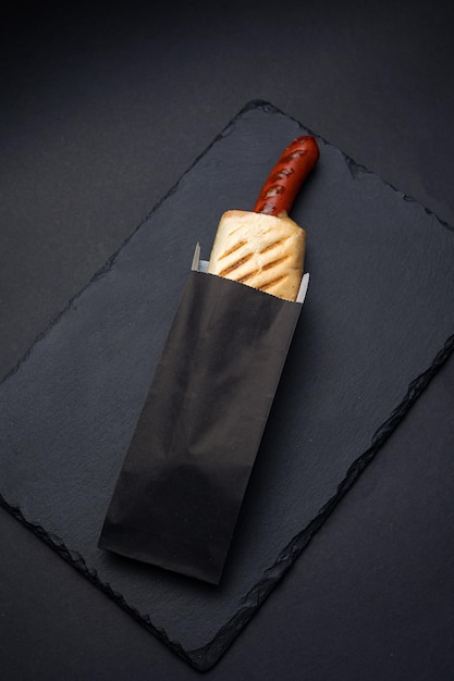 Hot-dog avec saucisse sur un tableau noir