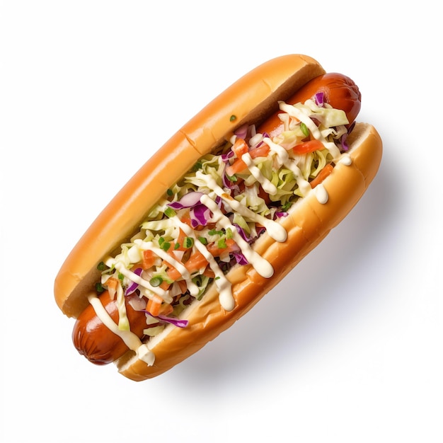 Un hot-dog avec une saucisse de viande sur le fond blanc.