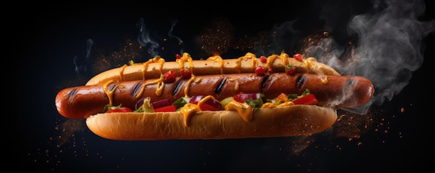 Hot-dog savoureux volant sur fond sombre IA générative