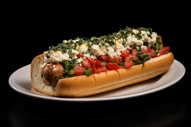 Photo un hot-dog avec des tomates, du fromage et du relish sur un pain