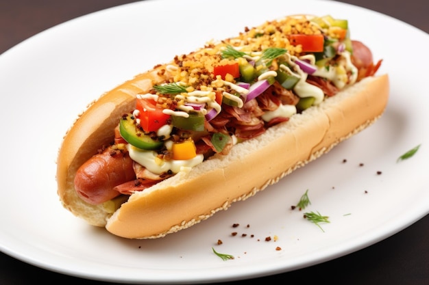 Hot dog avec une variété de garnitures sur une assiette blanche