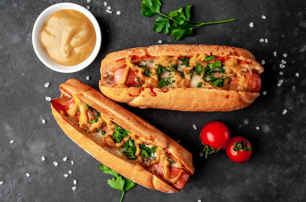 Hot-dogs français cuits au fromage et à la moutarde sur un fond de pierre