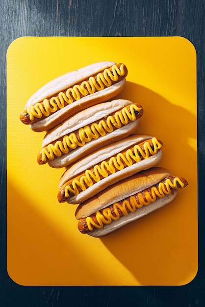 Hot-dogs grillés au barbecue avec de la moutarde américaine jaune, sur un fond en bois foncé