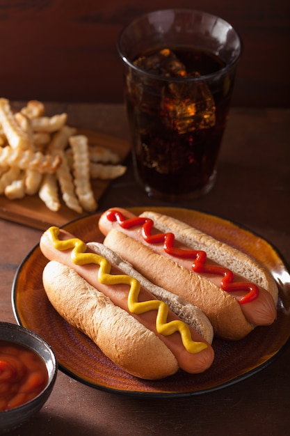 Hot-dogs grillés avec du ketchup à la moutarde et des frites