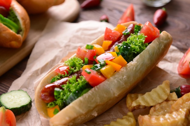 Hot-dogs et légumes sur papier kraft libre