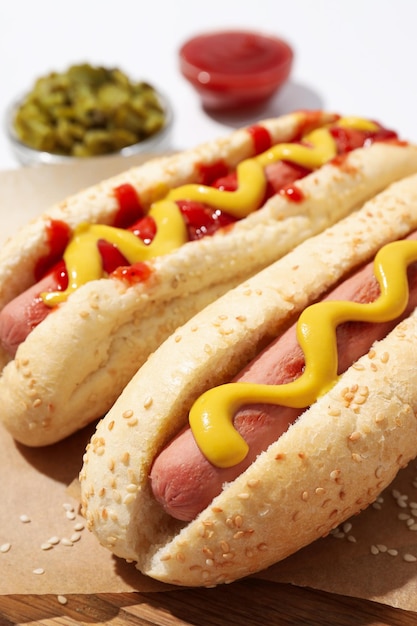 Hot dogs et sauces dans des bols sur fond blanc gros plan