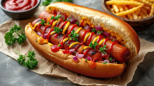 Des hot-dogs avec une saucisse sur des rouleaux frais garnis de moutarde et de ketchup