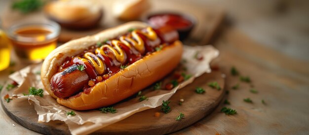 Photo des hot-dogs avec une saucisse sur des rouleaux frais garnis de moutarde et de ketchup