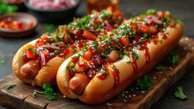 Photo des hot-dogs avec une saucisse sur des rouleaux frais garnis de moutarde et de ketchup