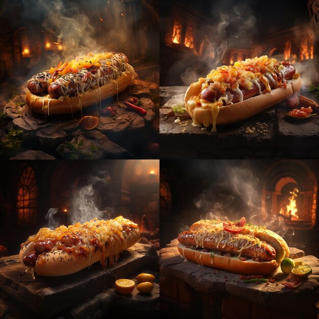 Des hot-dogs à la vapeur avec une flamme en arrière-plan