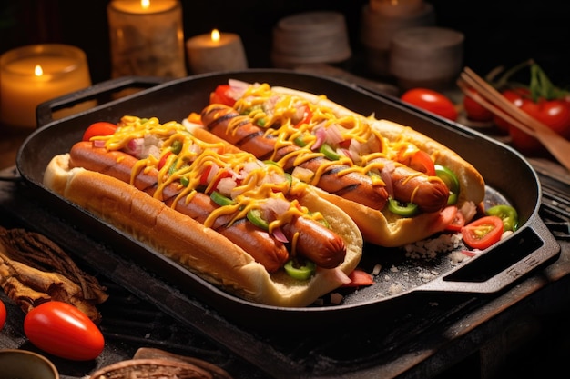 Hot-dogs végétaliens cuisinant sur une plaque de gril en fonte créée avec une IA générative