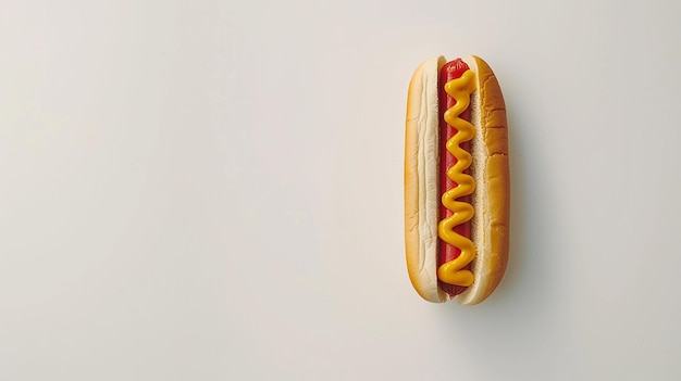 Hotdog à la moutarde jaune sur fond blanc