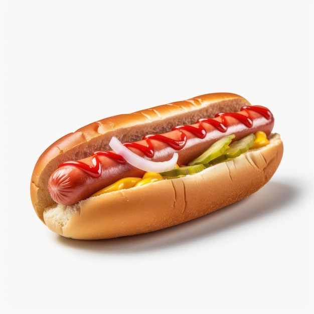 Hotdog ultra réaliste 4k sur fond blanc rendu comme la vie dans Unreal Engine