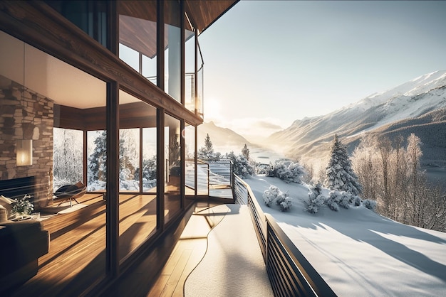 Un hôtel de luxe à la montagne un hôtel au ski sur fond de montagnes enneigées