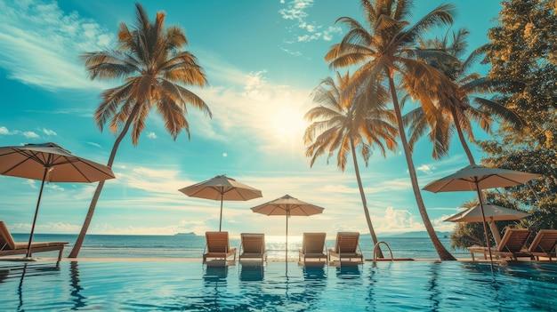 Hôtel de luxe sur la plage, piscine tropicale, lieu de villégiature au bord de la mer avec des palmiers pour des vacances de détente