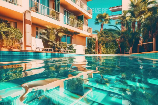 Un hôtel avec une piscine et des palmiers en face.