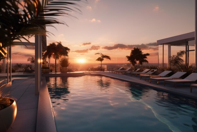 Photo hôtel sur le toit avec piscine et beau coucher de soleil le soir