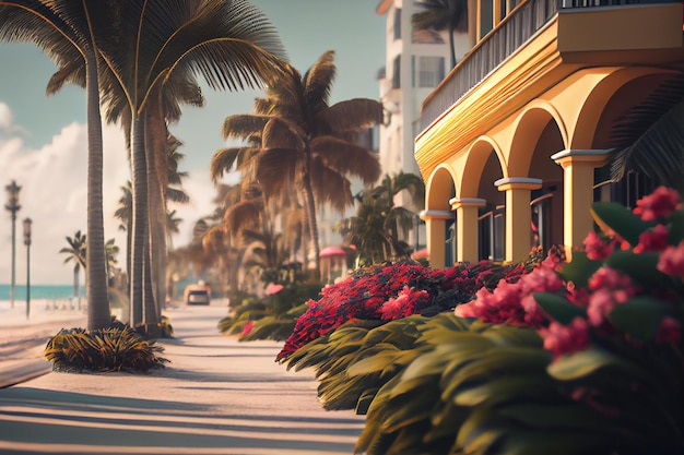 Hôtel de villégiature au bord de la mer sur le remblai avec illustration de fleurs rouges AI générative