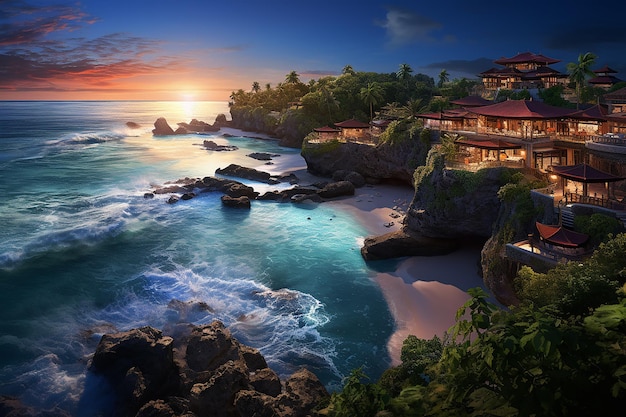 Hôtel de villégiature de luxe près de la baie de Jimbaran à Bali pour un hébergement de vacances au coucher du soleil