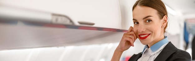 Hôtesse de l'air joyeuse debout près d'un coffre à bagages dans un avion