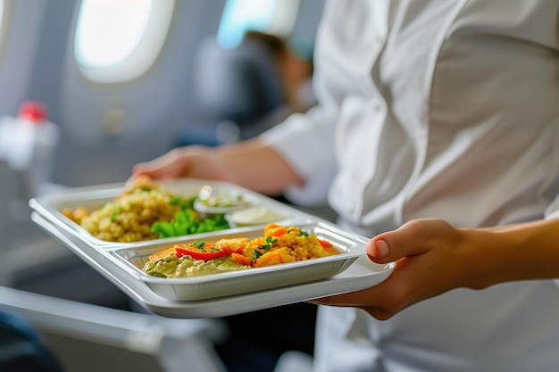 Photo l'hôtesse de l'air offre un repas