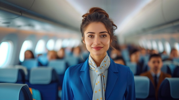 Une hôtesse de l'air professionnelle avec un sourire amical debout dans l'allée de l'avion