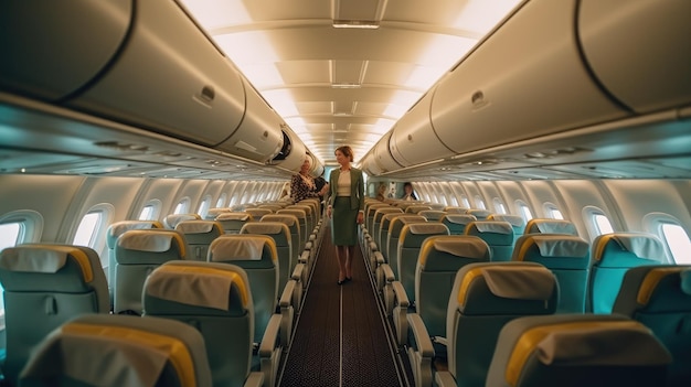 Une hôtesse de l'air se tient dans un avion vide.