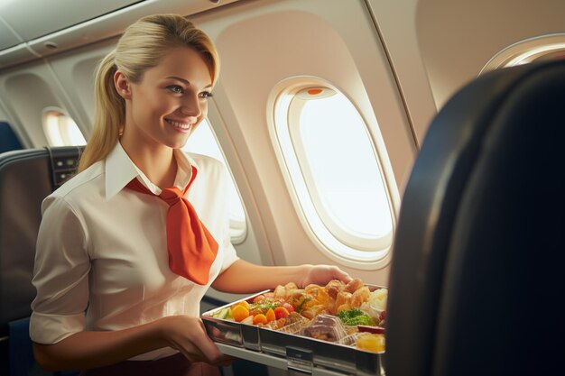 Une hôtesse de l'air sert un repas à un passager d'avion