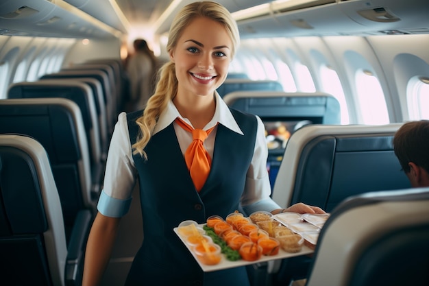 Photo une hôtesse de l'air sert un repas à un passager dans un avion.