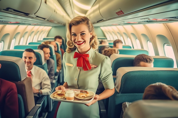 Hôtesse de l'air servant des aliments dans l'avion