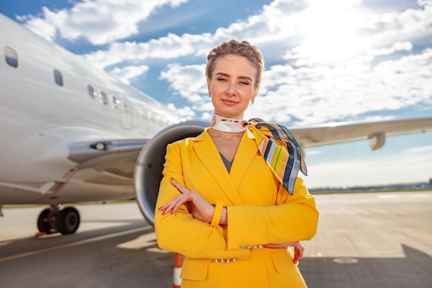 Hôtesse de l'air en uniforme de compagnie aérienne gardant les bras croisés et souriant tout en se tenant près de l'avion à l'aérodrome