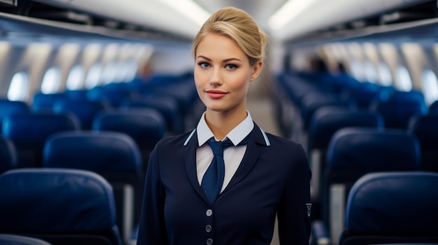 Une hôtesse de l'air en uniforme élégant, une présence gracieuse en cabine.