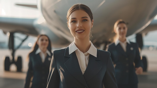 Des hôtesses de l'air souriantes en uniforme marchent avec confiance sur le tarmac de l'aéroport avec un avion en arrière-plan.