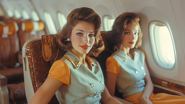 Des hôtesses de l'air vintage souriantes dans une cabine rétro, des uniformes classiques, une esthétique de service élégante.