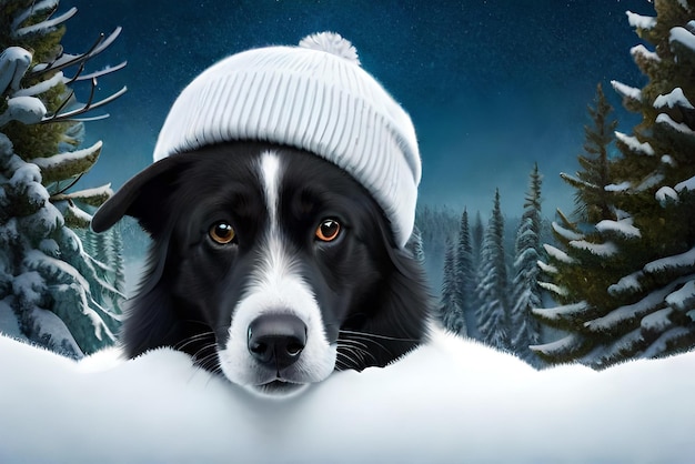 hoto portrait d'un border collie noir avec un adorable bonnet dans une forêt couverte de neige