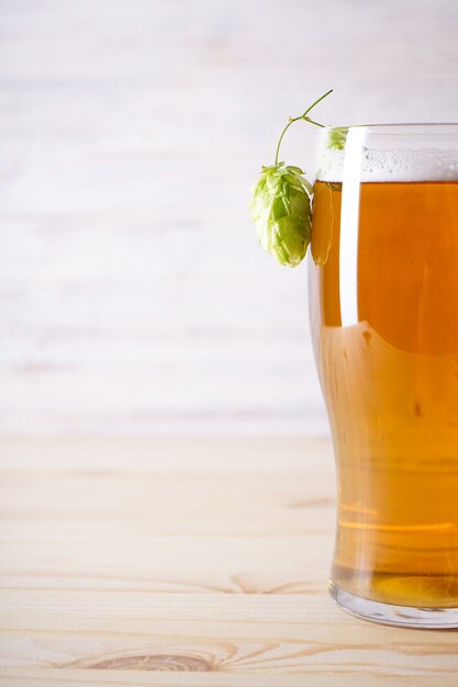 Houblon et bière légère en verre sur un espace en bois, place pour le texte.