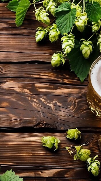 Photo le houblon vert sur la moque de bière de table en bois