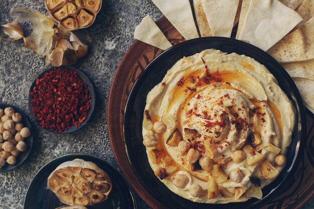 Houmous de plat traditionnel du Moyen-Orient fait maison décoré de pois chiches et d'ail