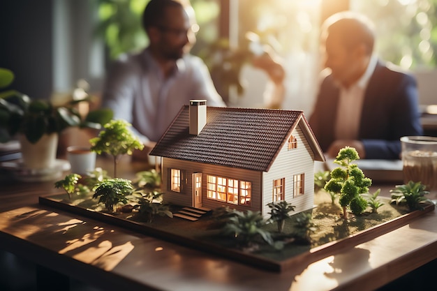 Photo house model on table in modern office real estate agent showing house model to customer