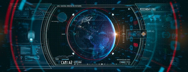 HUD ui interface utilisateur futuriste 3d carte du monde global et graphiques de données commerciales Affichage à l'écran numérique