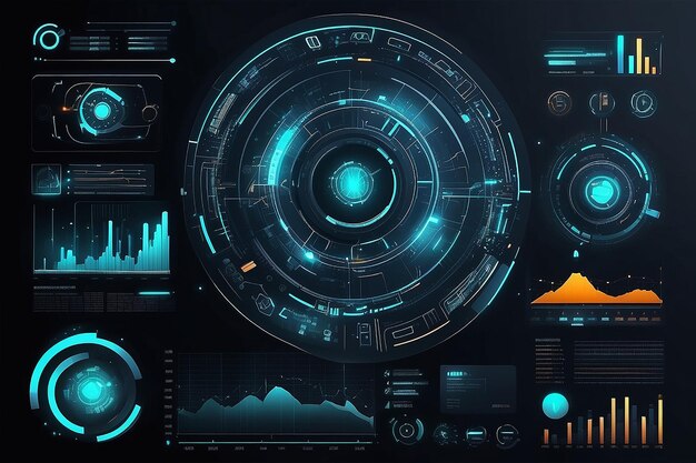 HUDUI UX Abstrait interface utilisateur graphique virtuelle tactile abstract scientifique vectoriel Interface utilisateur futuriste avec des infographies numériques et des graphiques de données concept d'hologramme électronique scifi vectoriel