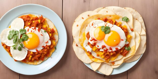 Huevos Rancheros deux tortillas de maïs frites surmontées de haricots frits et deux œufs au soleil