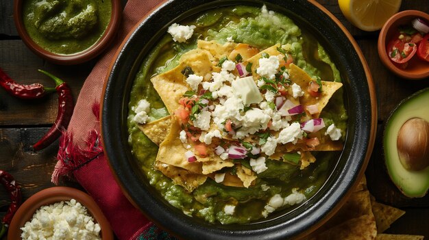 Huevos Rancheros savoureux avec de l'avocat frais et du citron vert sur une surface en bois