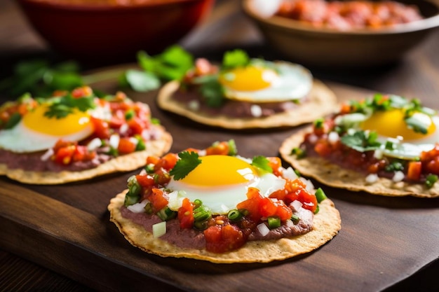 Huevos Rancheros Tostadas avec des haricots frités et