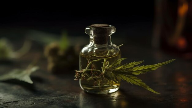 Huile de cannabis dans une petite bouteille sur un fond sombre